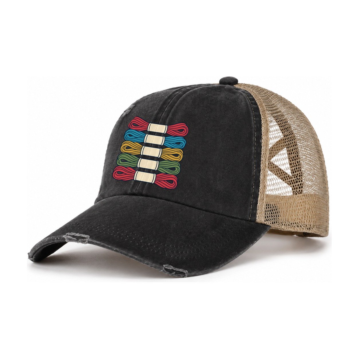 Floss Sorting Day And Needlework Women's Ponytail Trucker Hat – Washed Black Khaki