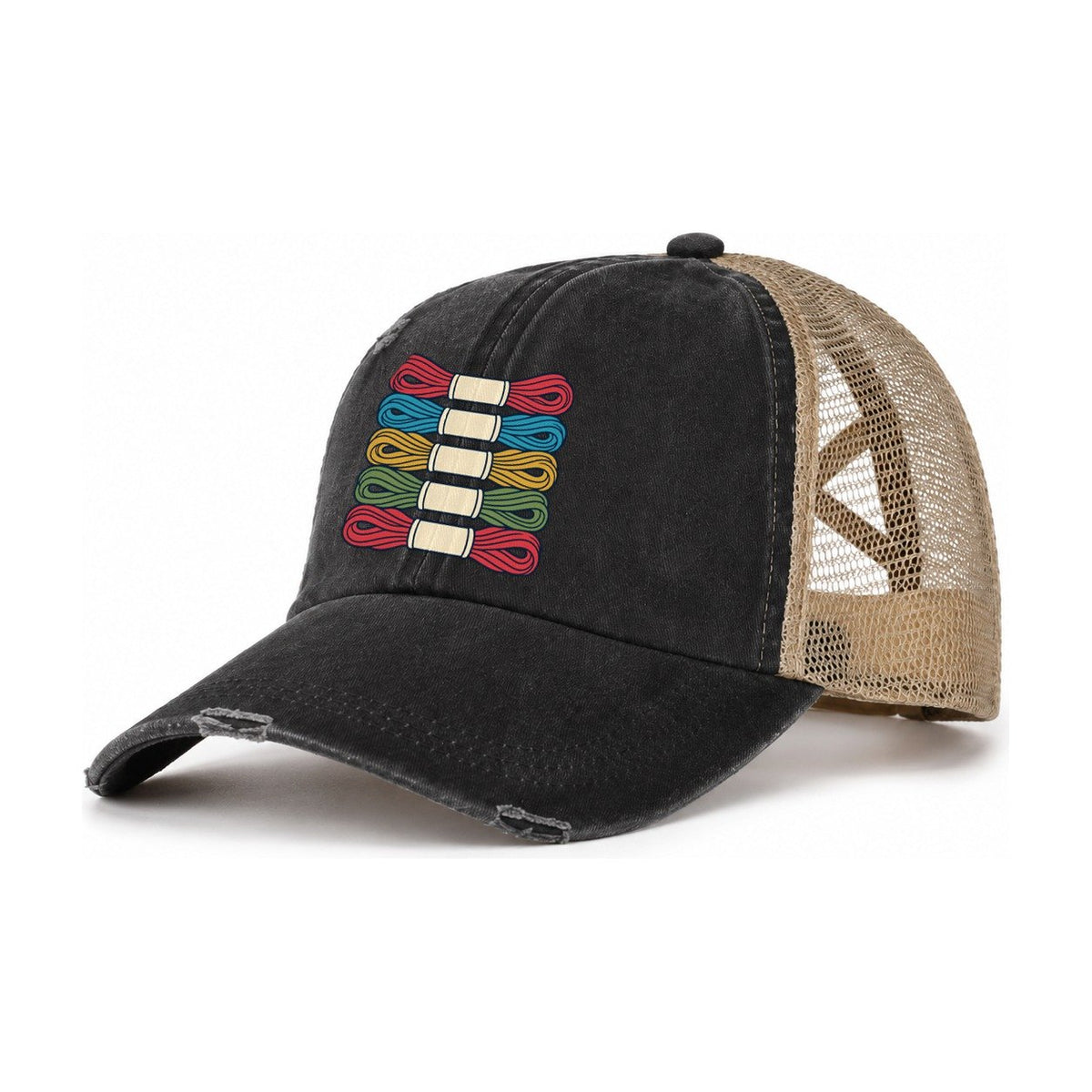 Floss Sorting Day And Needlework Women's Ponytail Trucker Hat – Washed Black Khaki