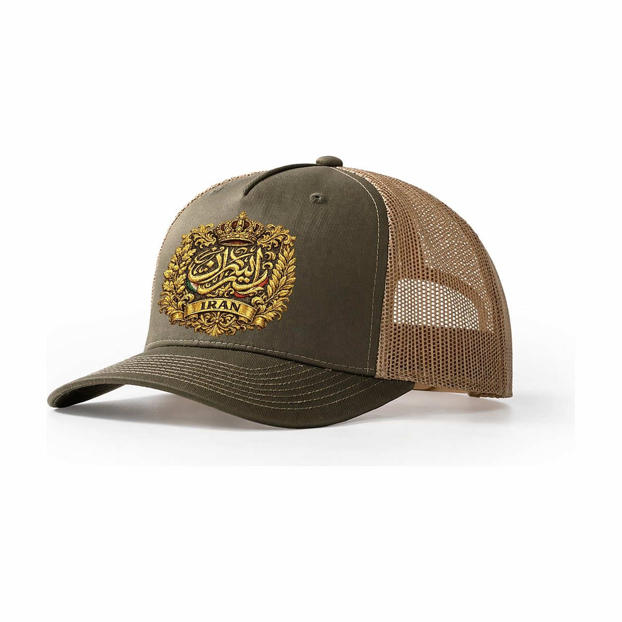 Iran Persian Calligraphy Crest Ornate Farsi Script Iran Deco Trucker Hat – Olive-Khaki