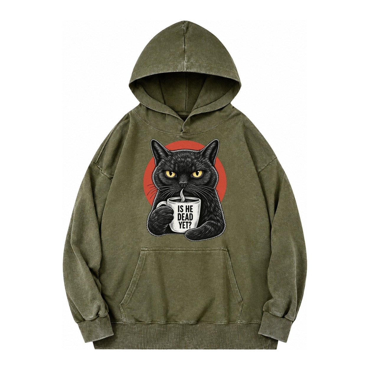 Is He Dead Yet Cat Vintage Washed Hoodie – Army Green