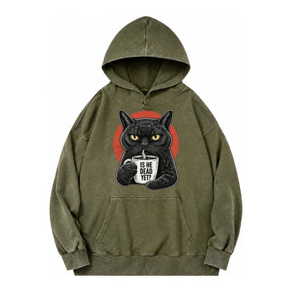 Is He Dead Yet Cat Vintage Washed Hoodie – Army Green