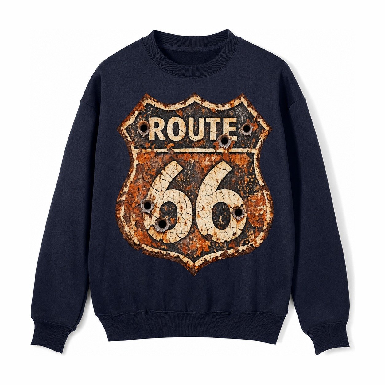 Weathered Marker Rust Aged Route 66 Sign Desert Sun Bleached Fleece Sweatshirt – Navy Blue