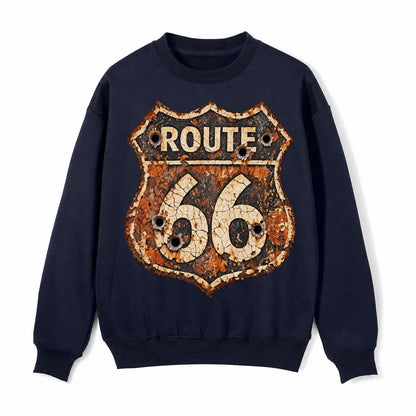 Weathered Marker Rust Aged Route 66 Sign Desert Sun Bleached Fleece Sweatshirt – Navy Blue