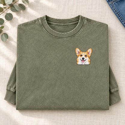 Pembroke Corgi Left Chest Washed Long Sleeve T-Shirt – Army Green