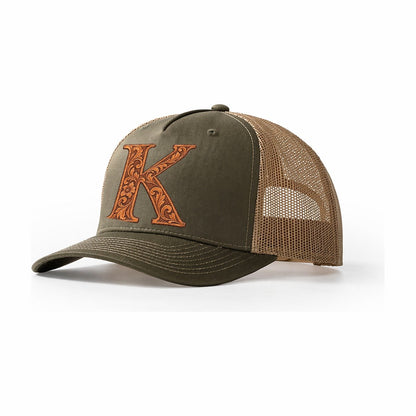 Tooled Leather K Monogram Trucker Hat – Olive Khaki