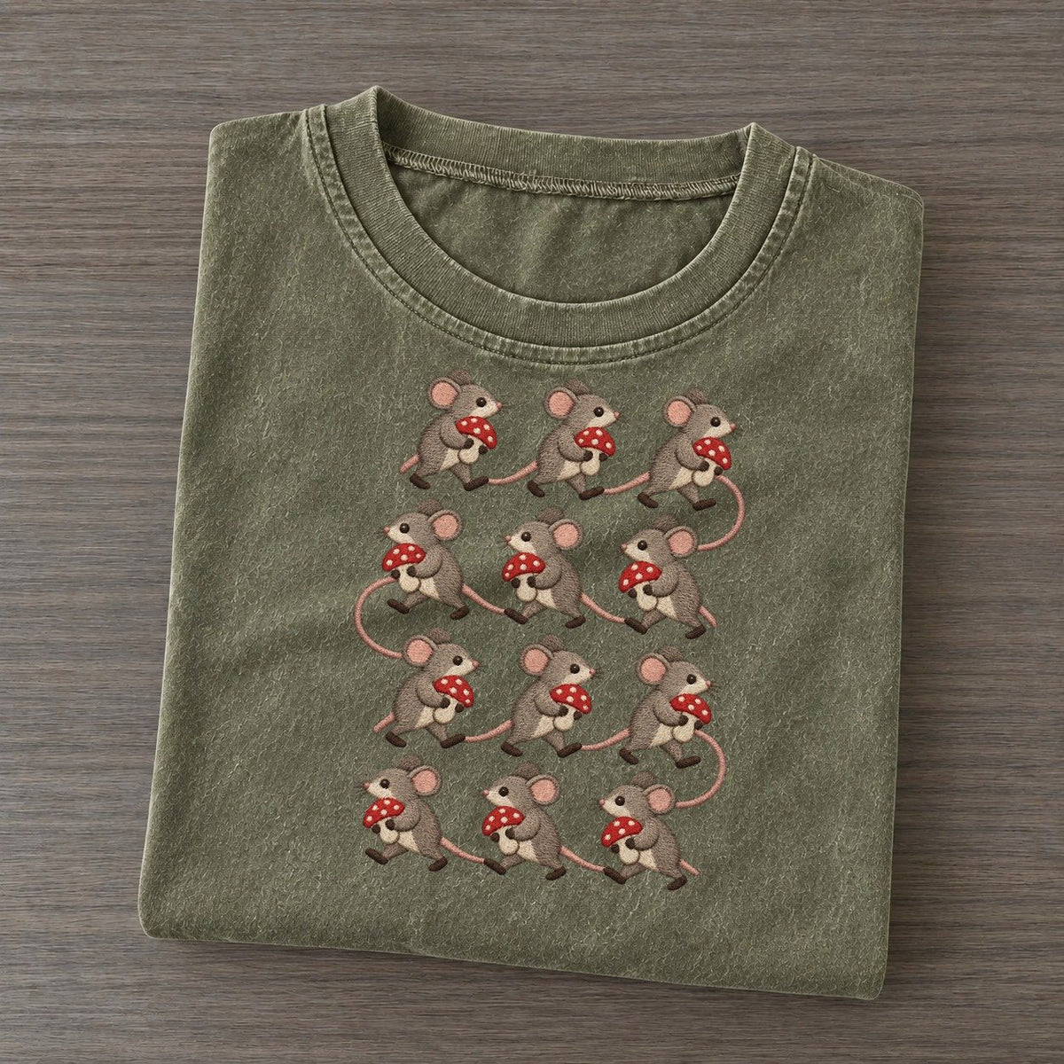 Mice With Mushrooms Single File Vintage T-shirt – Army Green