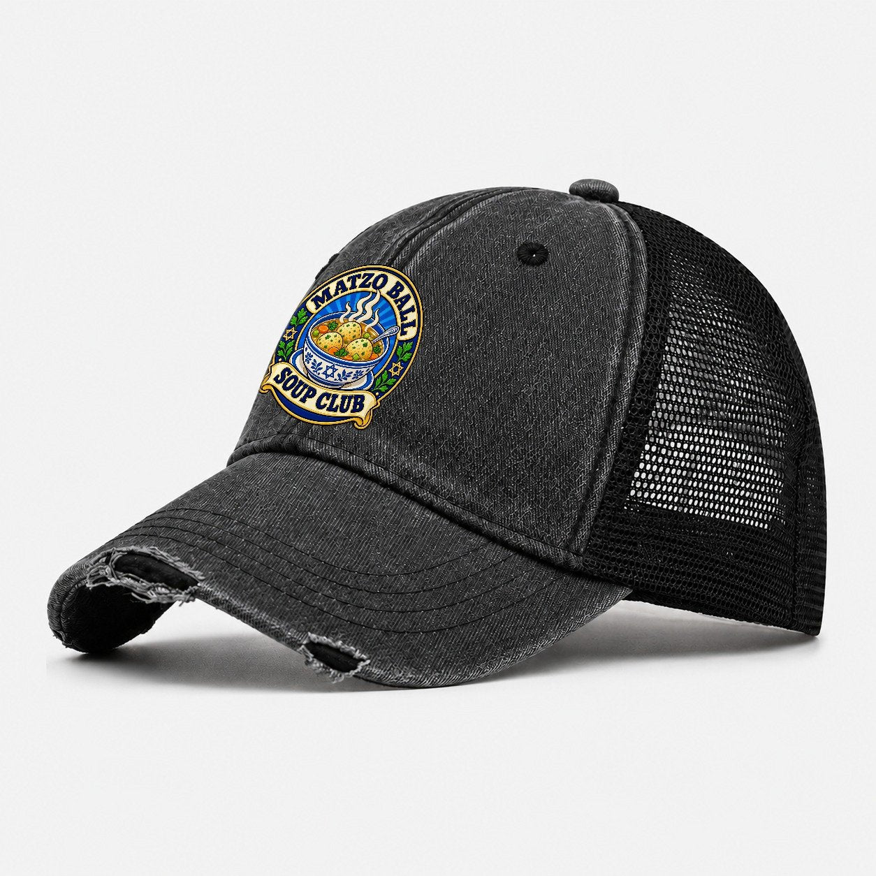Matzo Ball Soup Club Judaism Heritage Washed Trucker Hat – Black