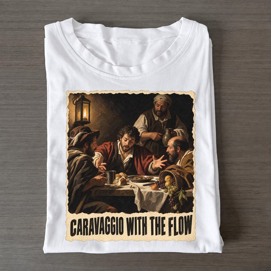 Caravaggio With The Flow Lamplit Supper Art Pun Classic T-shirt – White