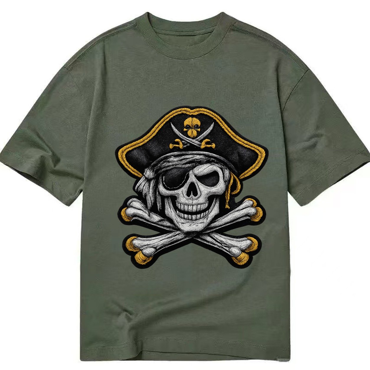 Embroidered Patch Design Pirate Skull Jolly Roger Skull In B Classic T-shirt – Army Green