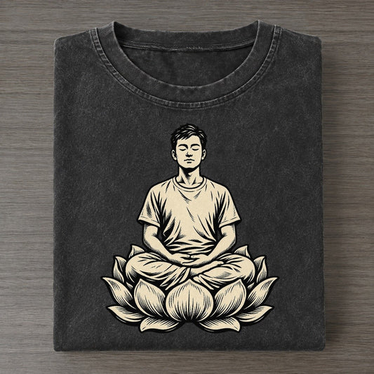 Buddhist Meditation And Lotus World Faiths Ink Figures Vintage T-shirt – Black