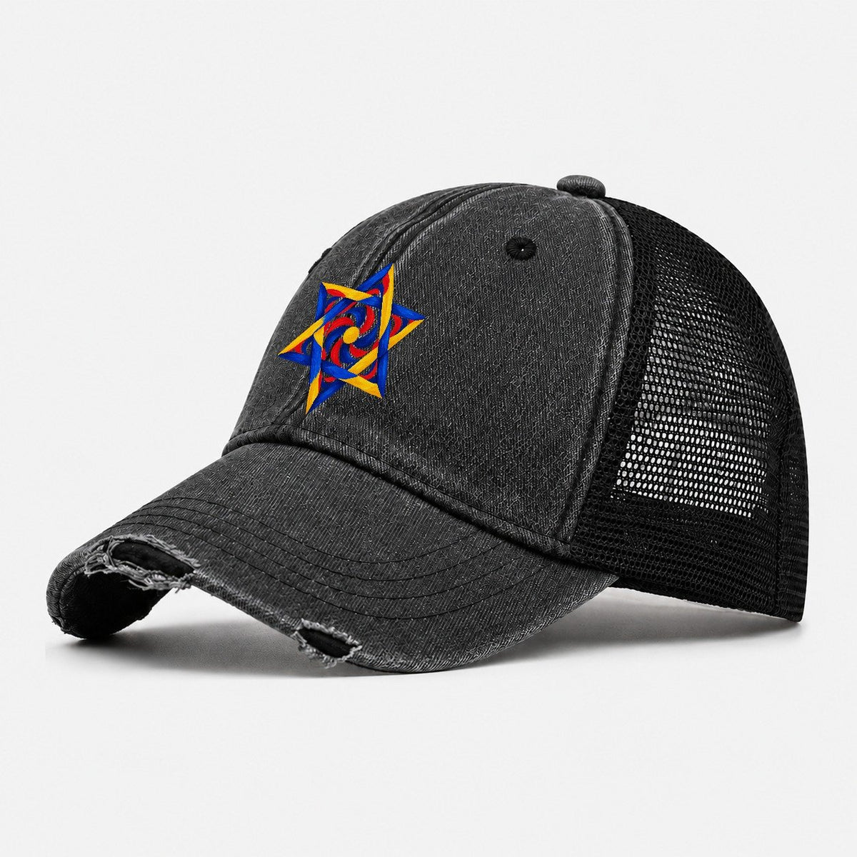 Bauhaus Geometric Star of David Washed Trucker Hat – Black