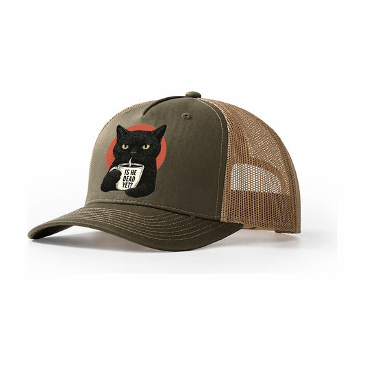 Is He Dead Yet Cat Design Trucker Hat – Olive Khaki