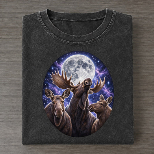 Moose Under The Moon Moon Choir Vintage T-shirt – Black