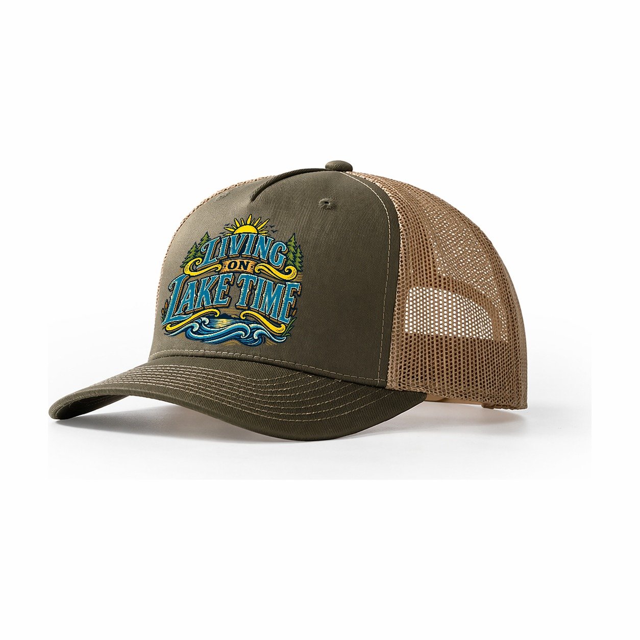 Living On Lake Time Retired Living Trucker Hat – Olive Khaki