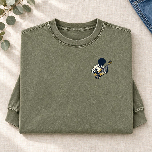 Bass Guitarist Left Chest Washed Long Sleeve T-Shirt – Army Green