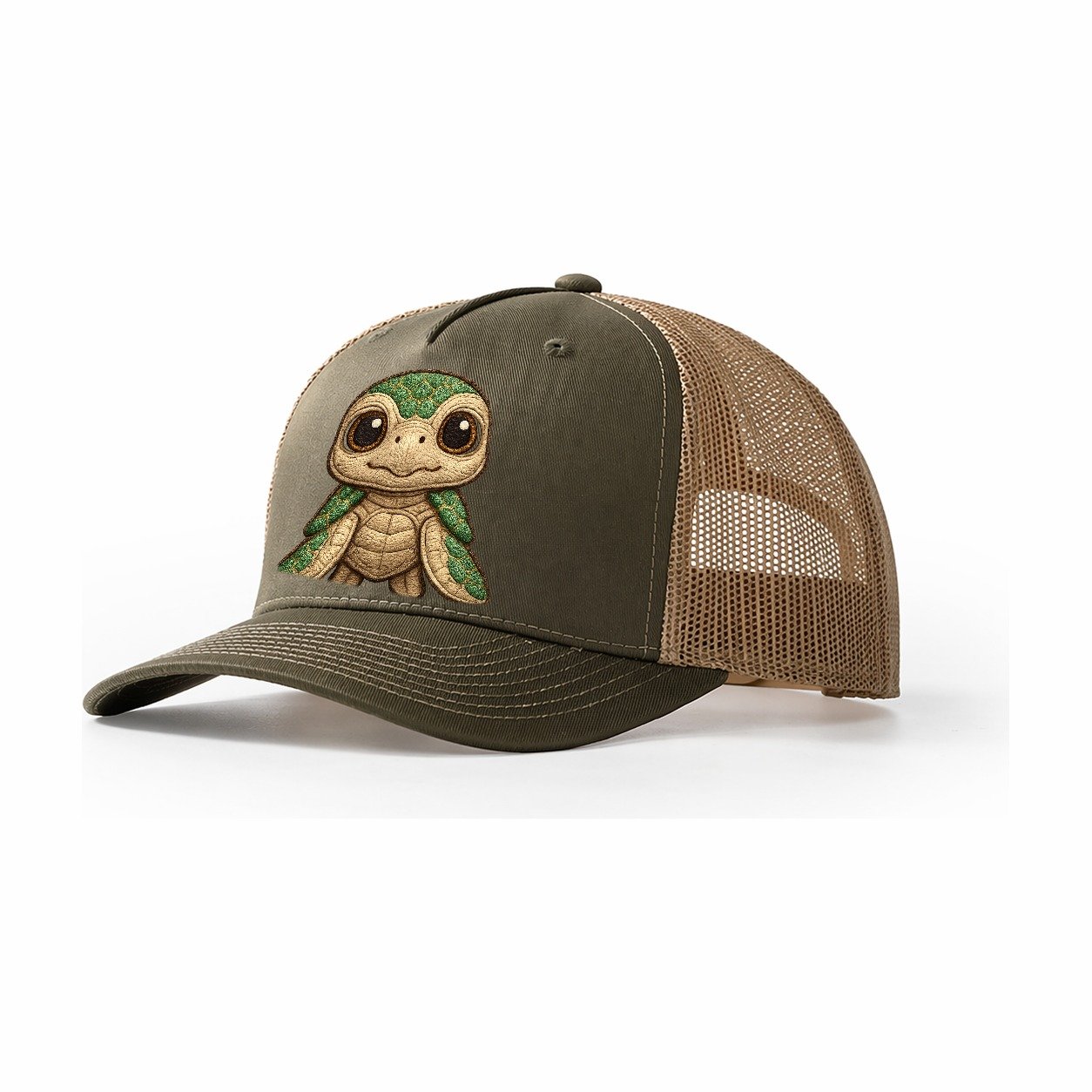 Baby Green Sea Turtle Emerald Shell Large Innocent Brown Eye Trucker Hat – Olive-Khaki