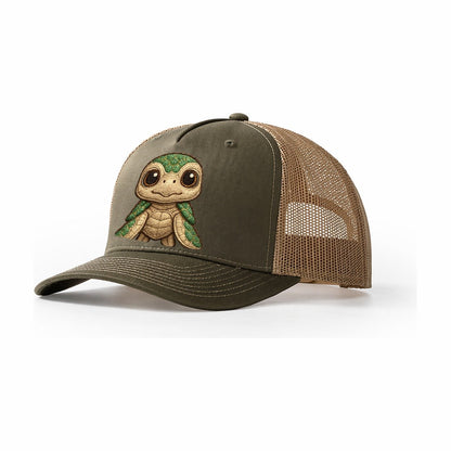 Baby Green Sea Turtle Emerald Shell Large Innocent Brown Eye Trucker Hat – Olive-Khaki