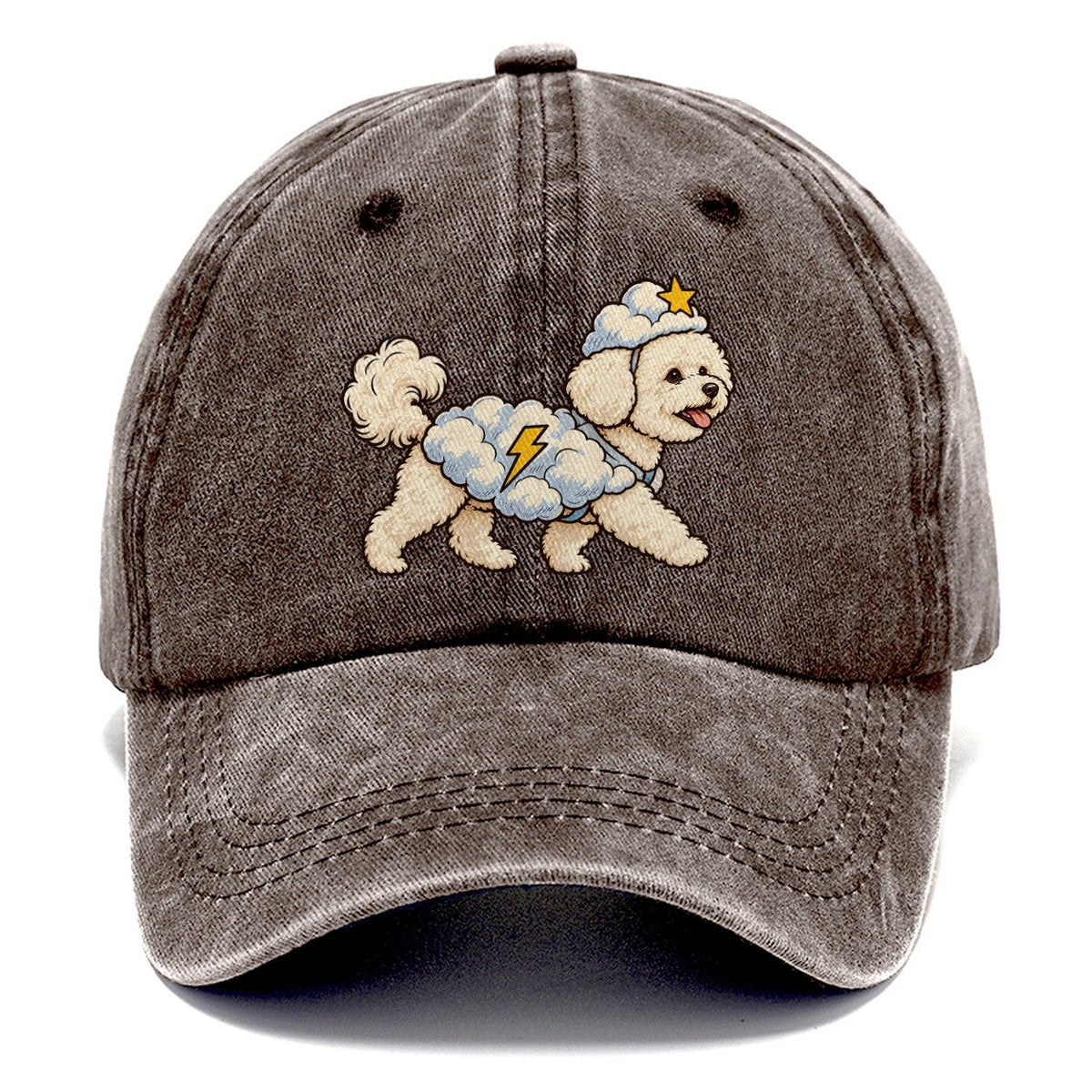 One Bichon Frise In Halloween Costume Cloud Costume With Cotton Puff Texture And A Tiny Lightning Bolt Halloween Dog Parade Classic Cap – Brown