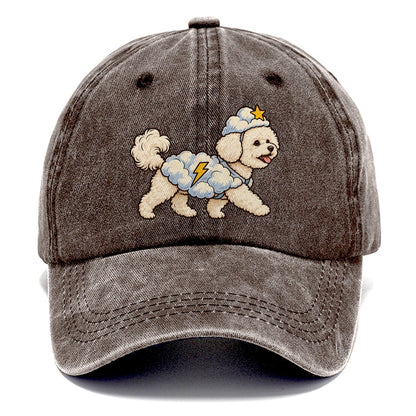 One Bichon Frise In Halloween Costume Cloud Costume With Cotton Puff Texture And A Tiny Lightning Bolt Halloween Dog Parade Classic Cap – Brown