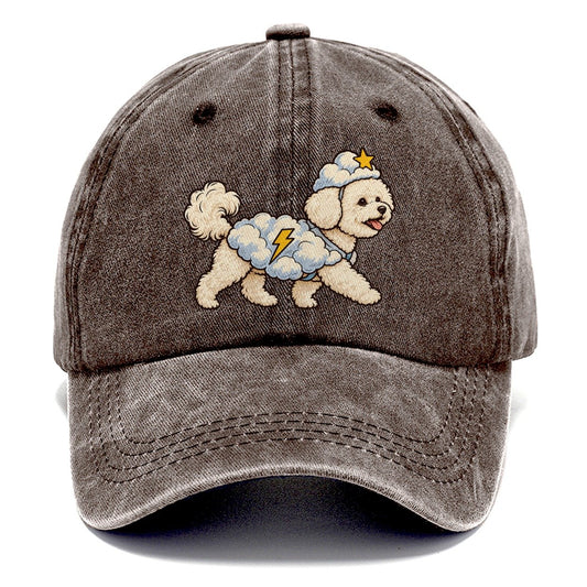 One Bichon Frise In Halloween Costume Cloud Costume With Cotton Puff Texture And A Tiny Lightning Bolt Halloween Dog Parade Classic Cap – Brown