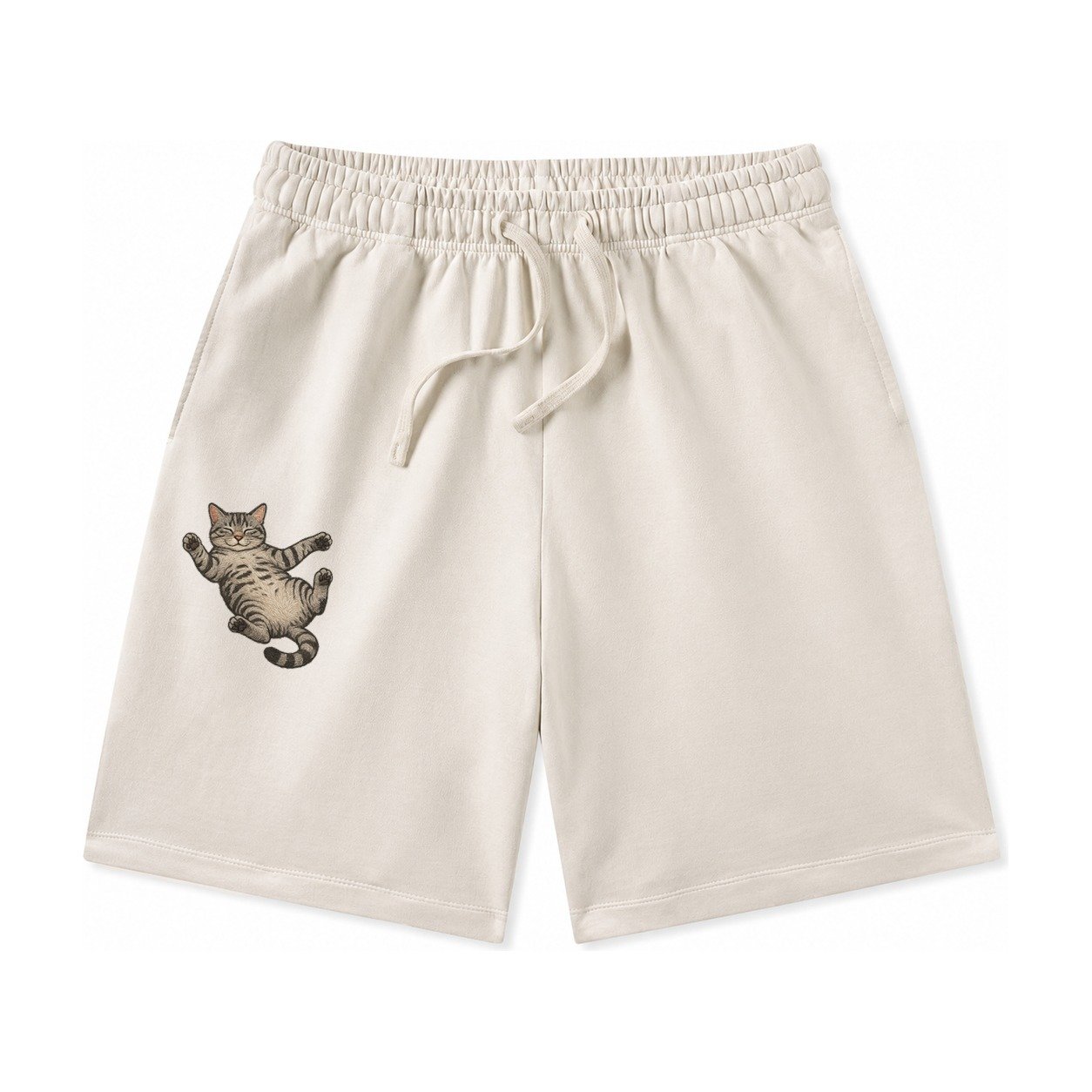 American Shorthair Silver Tabby Classic Pattern Fully Relaxe Washed Shorts – Beige