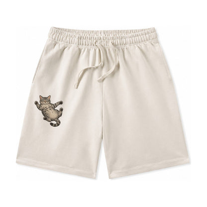 American Shorthair Silver Tabby Classic Pattern Fully Relaxe Washed Shorts – Beige