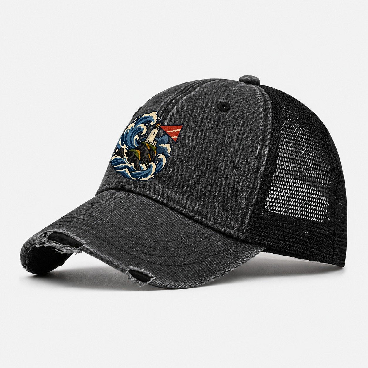 Hebridean Lighthouse And Storm Wave Uk Culture Heritage Washed Trucker Hat – Black