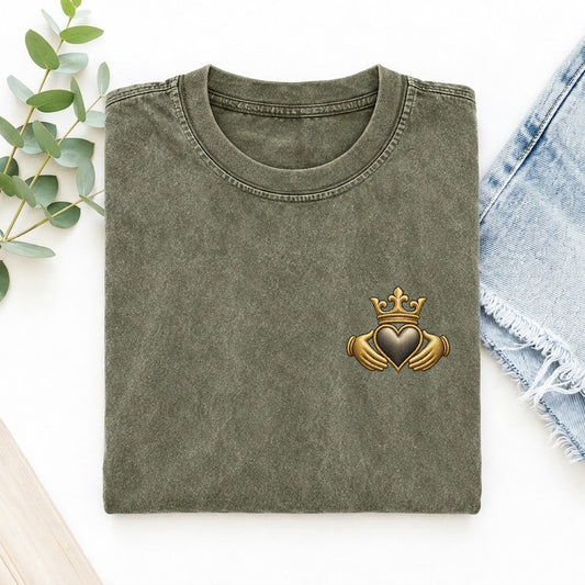 Claddagh Heart Left Chest Vintage T-shirt – Army Green