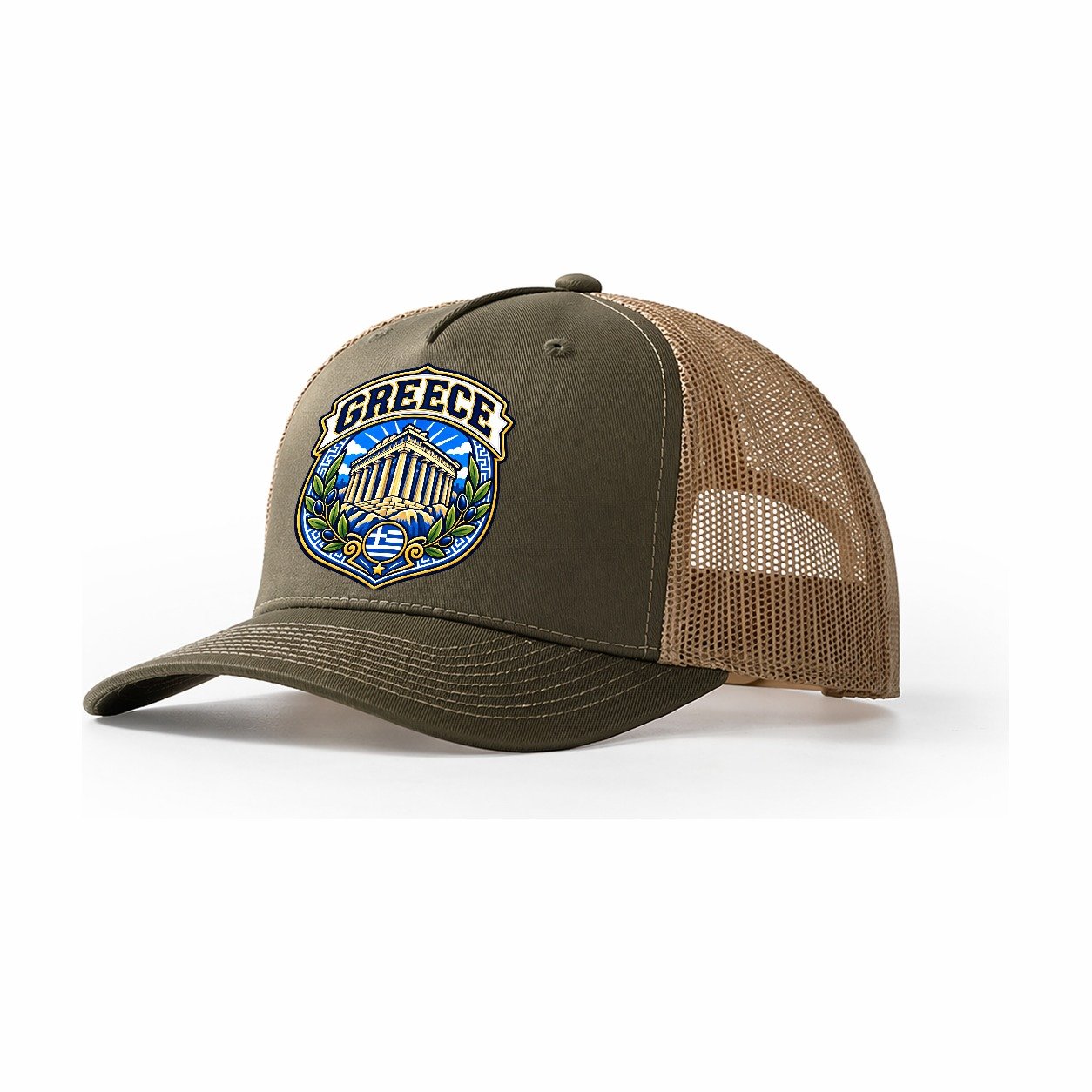 Greece Retro Badge Country Logos Trucker Hat – Olive Khaki