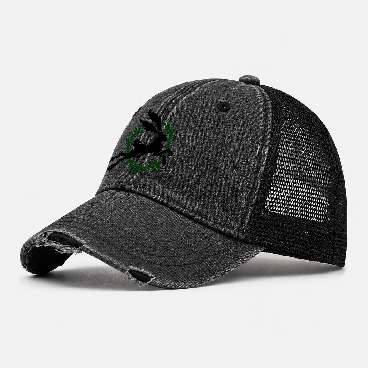 Celtic Hare Familiar Witch Magic Washed Trucker Hat – Black