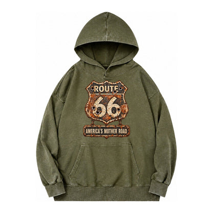 Route 66 Weathered Vintage Washed Hoodie – Army Green