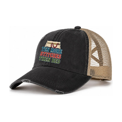 Ten More Stitches And Needlework Women's Ponytail Trucker Hat – Washed Black Khaki