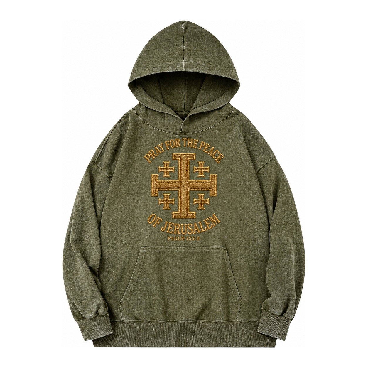 Jerusalem Cross Vintage Washed Hoodie – Army Green