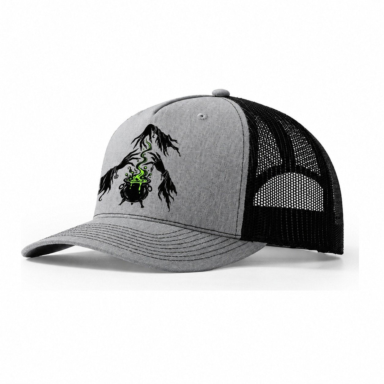 The Coven Protects Witch Magic Trucker Hat – Sport Grey Black