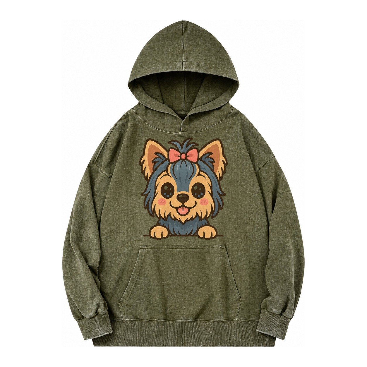 Yorkshire Terrier Modern Tiny Dog Logo Vintage Washed Hoodie – Army Green