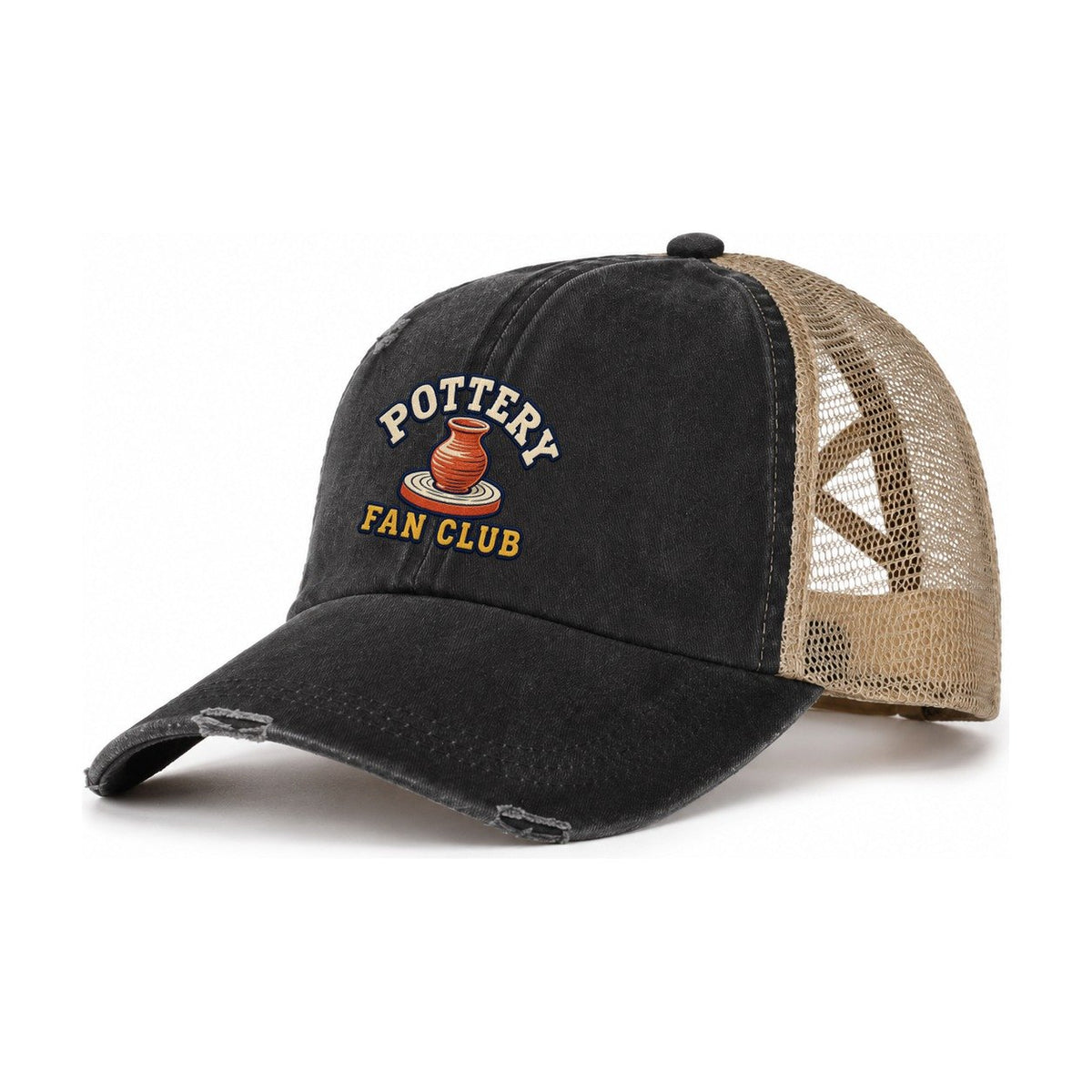 Pottery Fan Club Women's Ponytail Trucker Hat – Washed Black Khaki
