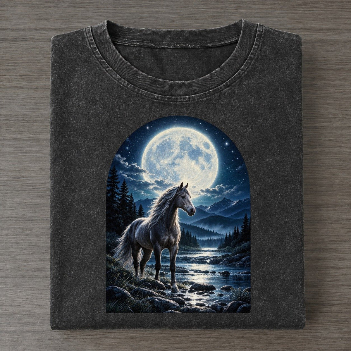 Horse By The River Moon Country Vintage T-shirt – Black