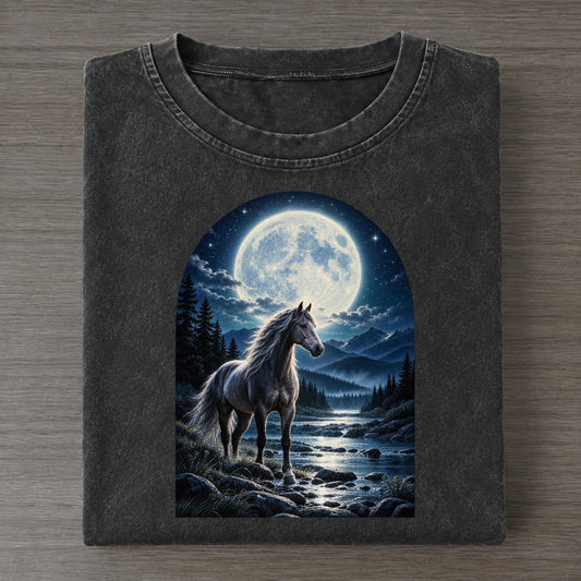 Horse By The River Moon Country Vintage T-shirt – Black