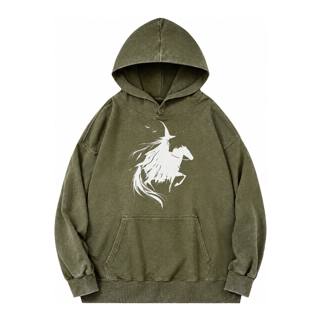 Witch On Horse Vintage Washed Hoodie – Army Green