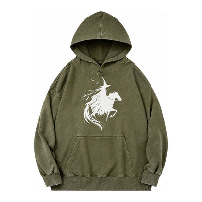 Witch On Horse Vintage Washed Hoodie – Army Green