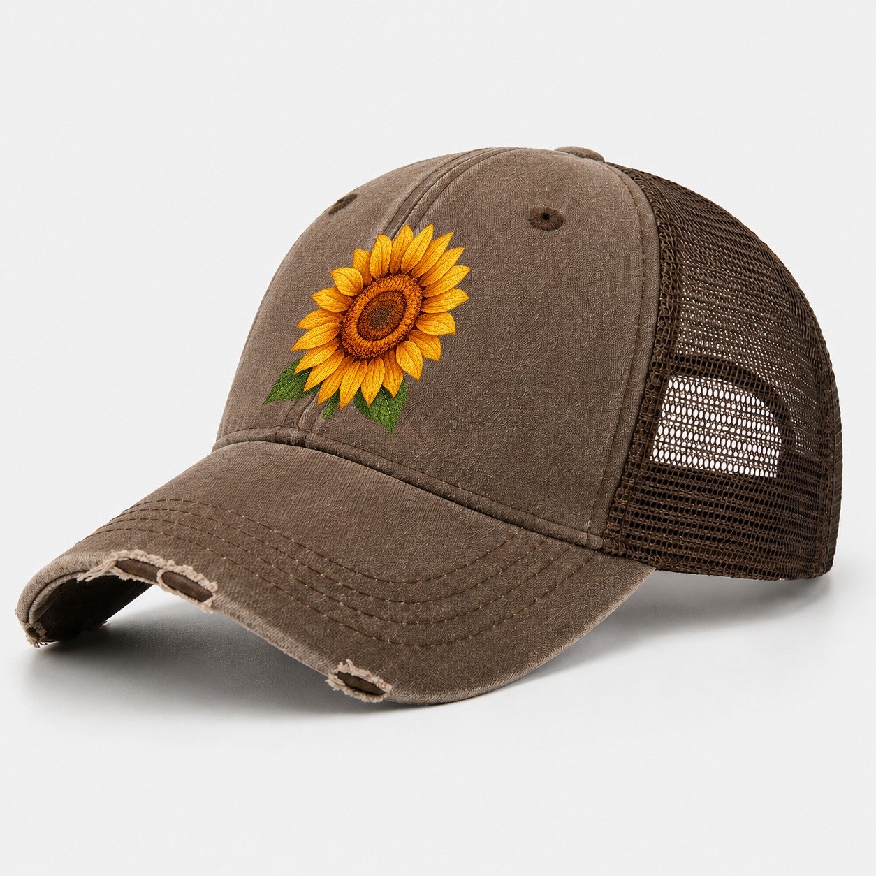 Golden Sunflower Bloom Washed Trucker Hat – Coffee