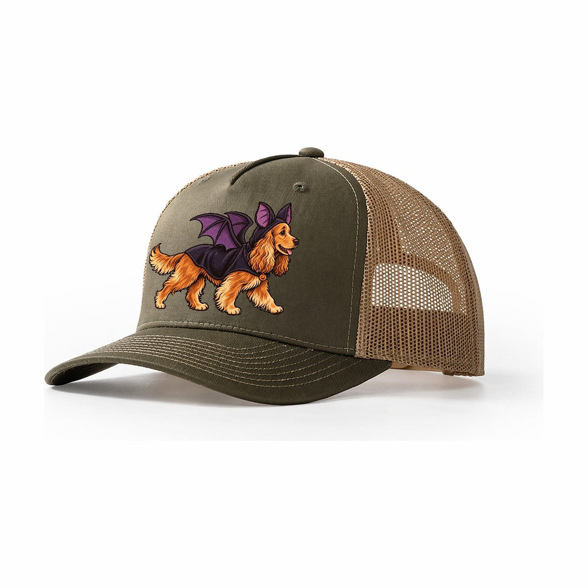 One Cocker Spaniel In Halloween Costume Bat Costume With Soft Felt Wings Halloween Dog Parade Trucker Hat – Olive Khaki