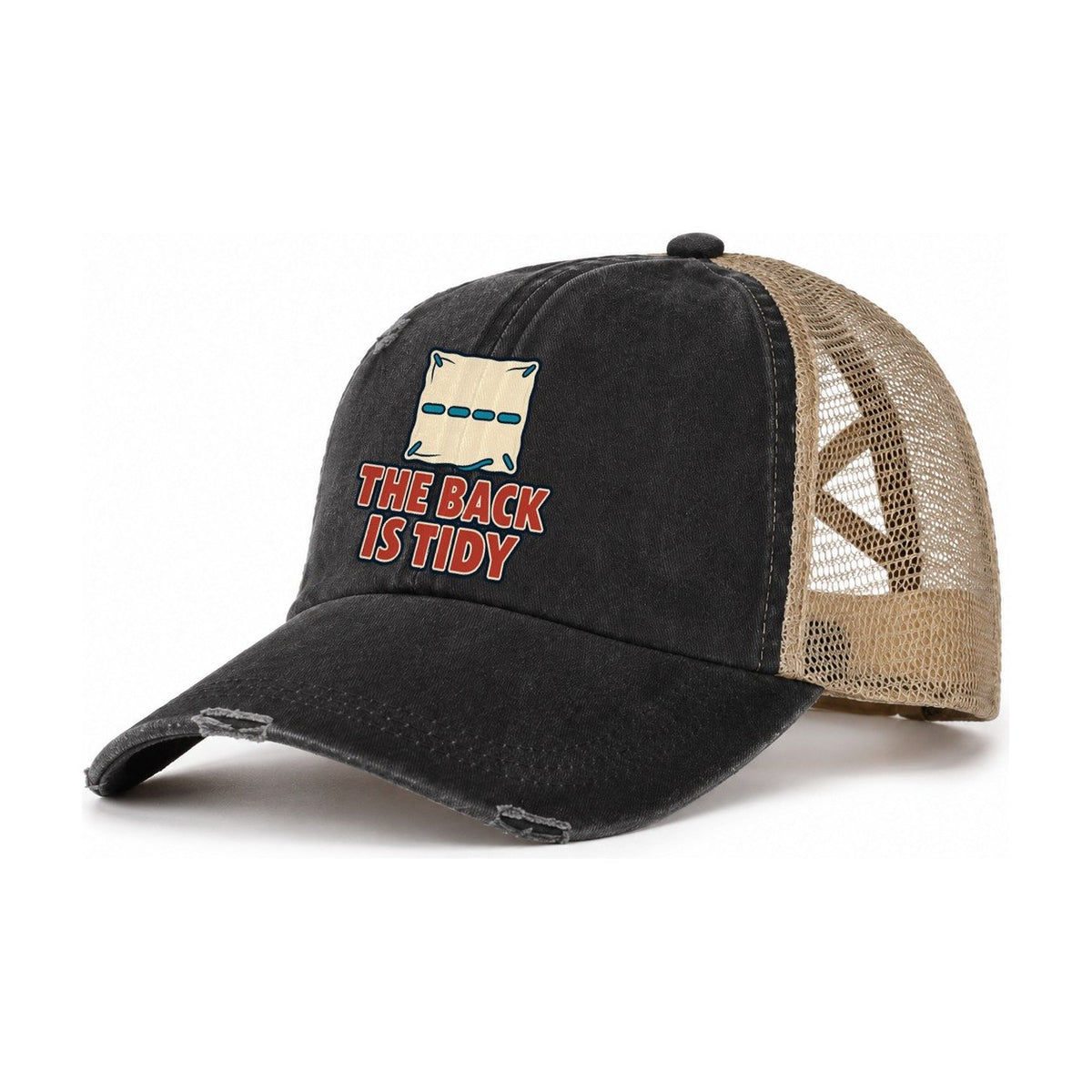 The Back Is Tidy And Needlework Women's Ponytail Trucker Hat – Washed Black Khaki