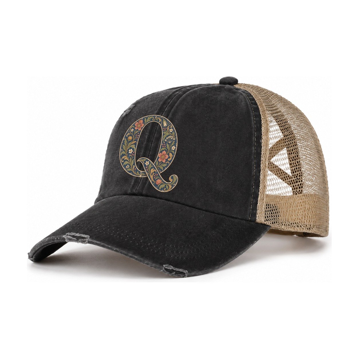 Wildflower Q Monogram Women's Ponytail Trucker Hat – Washed Black Khaki