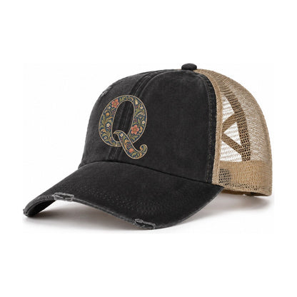 Wildflower Q Monogram Women's Ponytail Trucker Hat – Washed Black Khaki