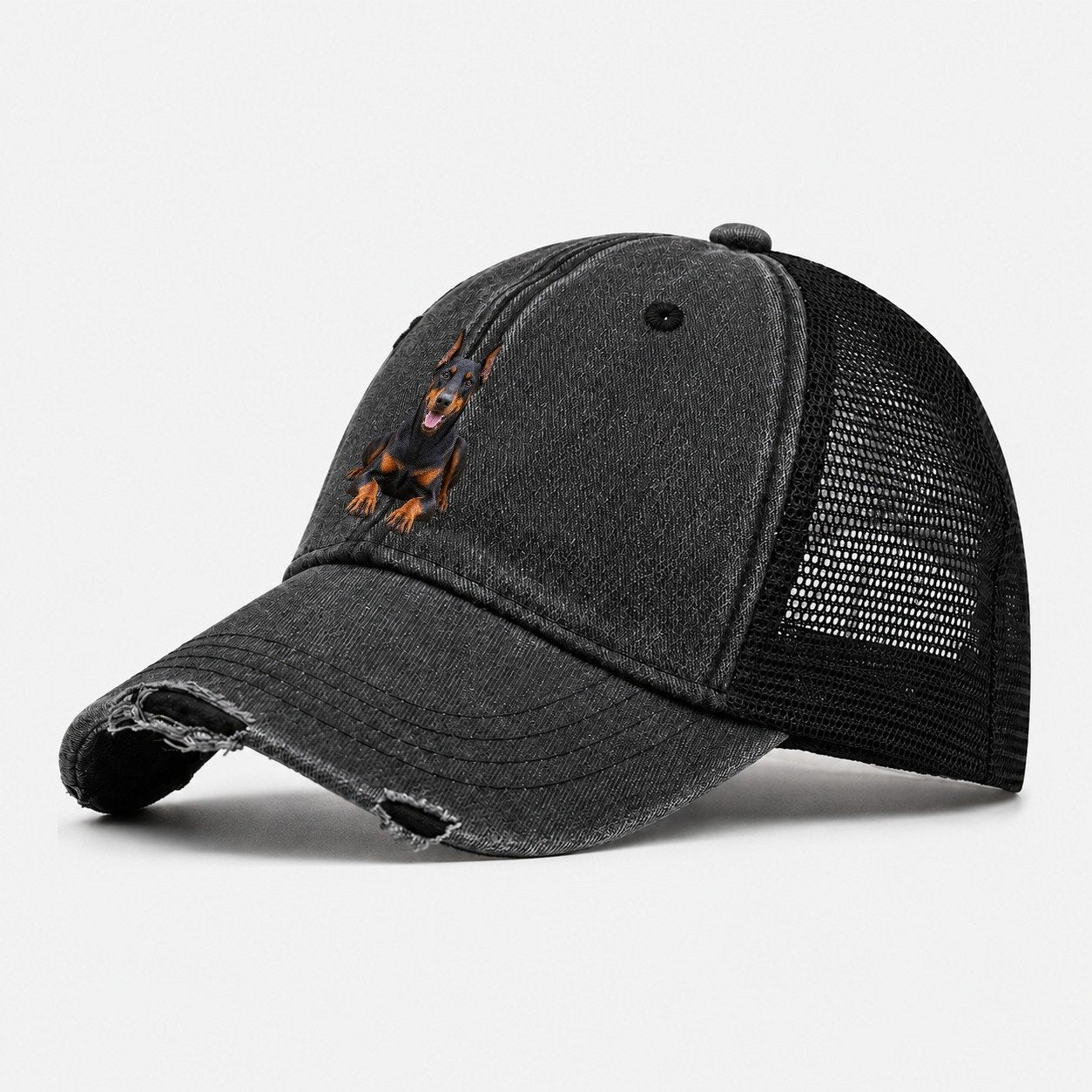 Doberman Pinscher Sitting Top Breeds Washed Trucker Hat – Black