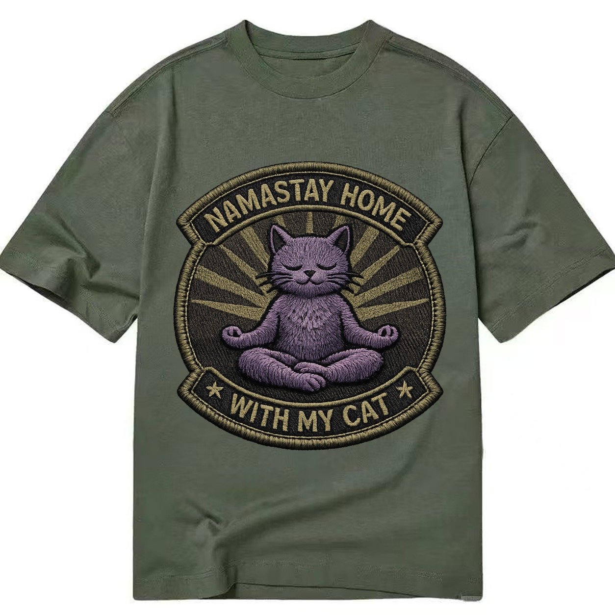 Embroidered Patch Design Namastay Home With My Cat Yoga Cat Classic T-shirt – Army Green