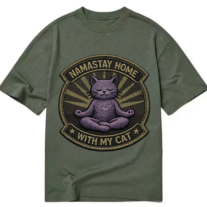 Embroidered Patch Design Namastay Home With My Cat Yoga Cat Classic T-shirt – Army Green