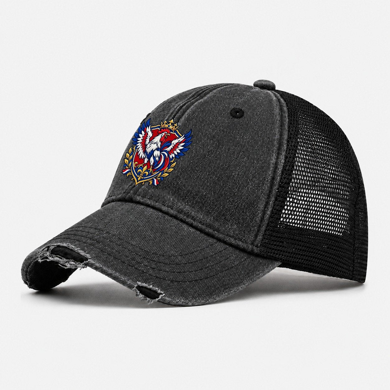 France Heraldic Crest Country Logos Washed Trucker Hat – Black