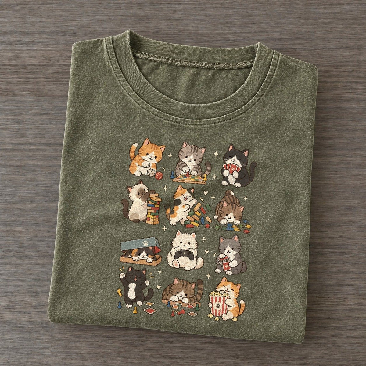 Game Night Cat Club Vintage T-shirt – Army Green